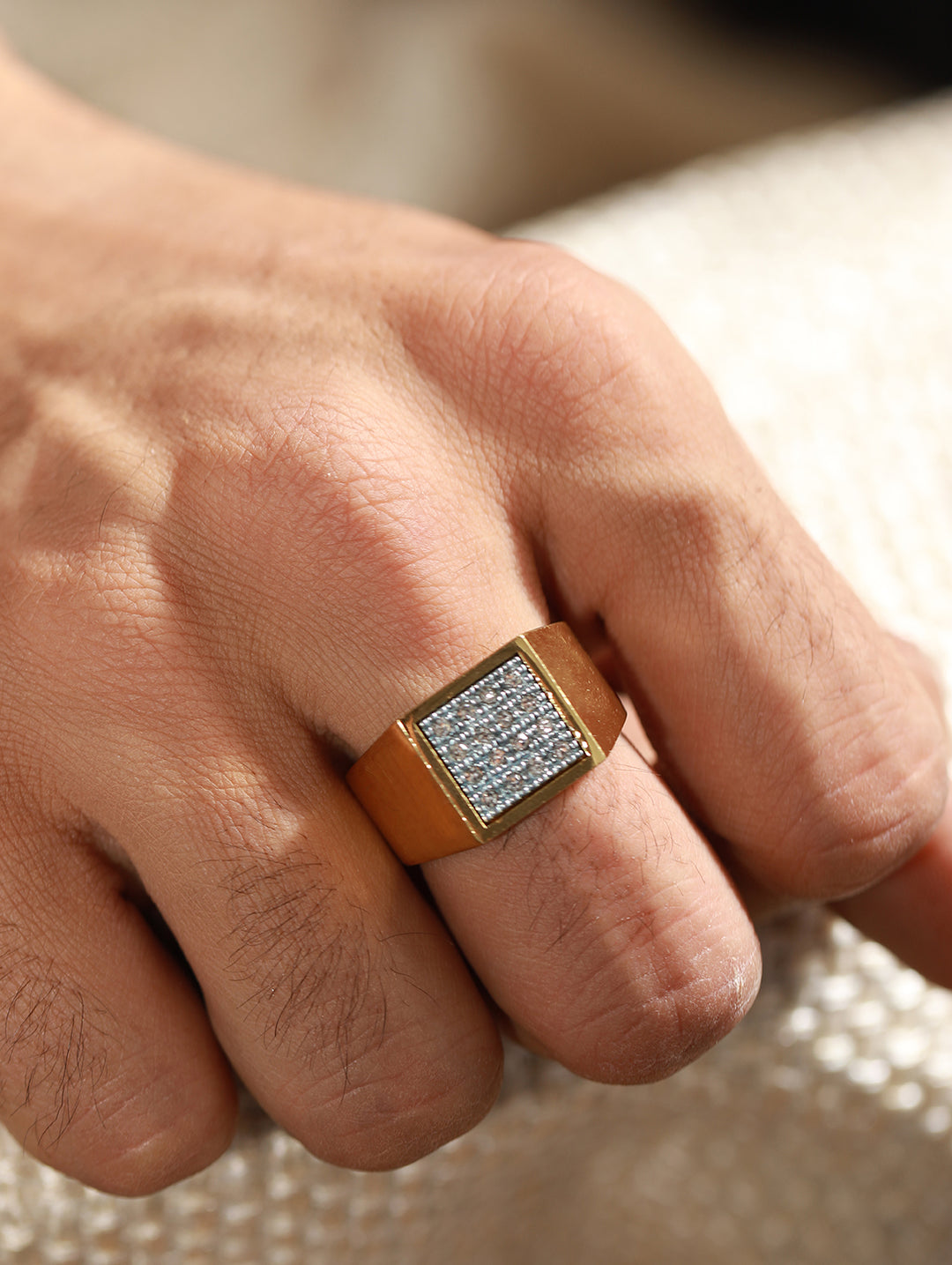 Bold by Priyaasi Gold-Plated AD Studded Block Ring for Men