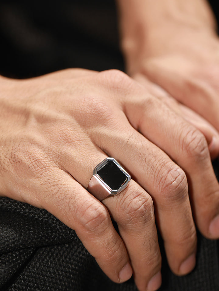 Bold by Priyaasi Geometric Black Stone Silver-Plated Ring for Men