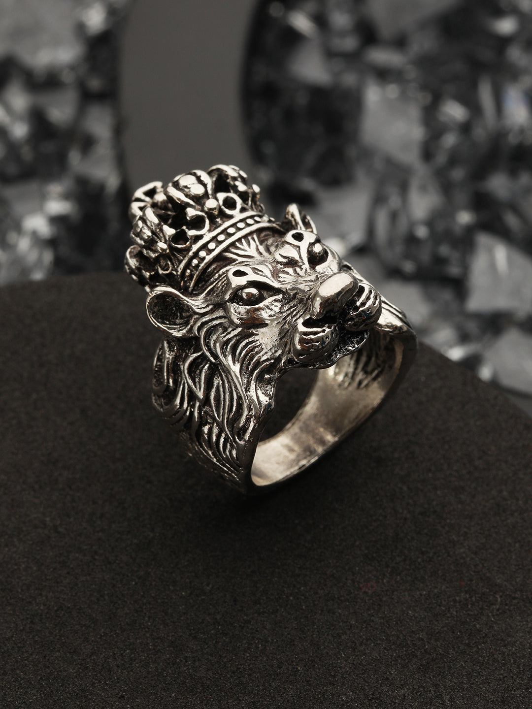 Bold by Priyaasi King Lion Oxidised Silver Ring for Men