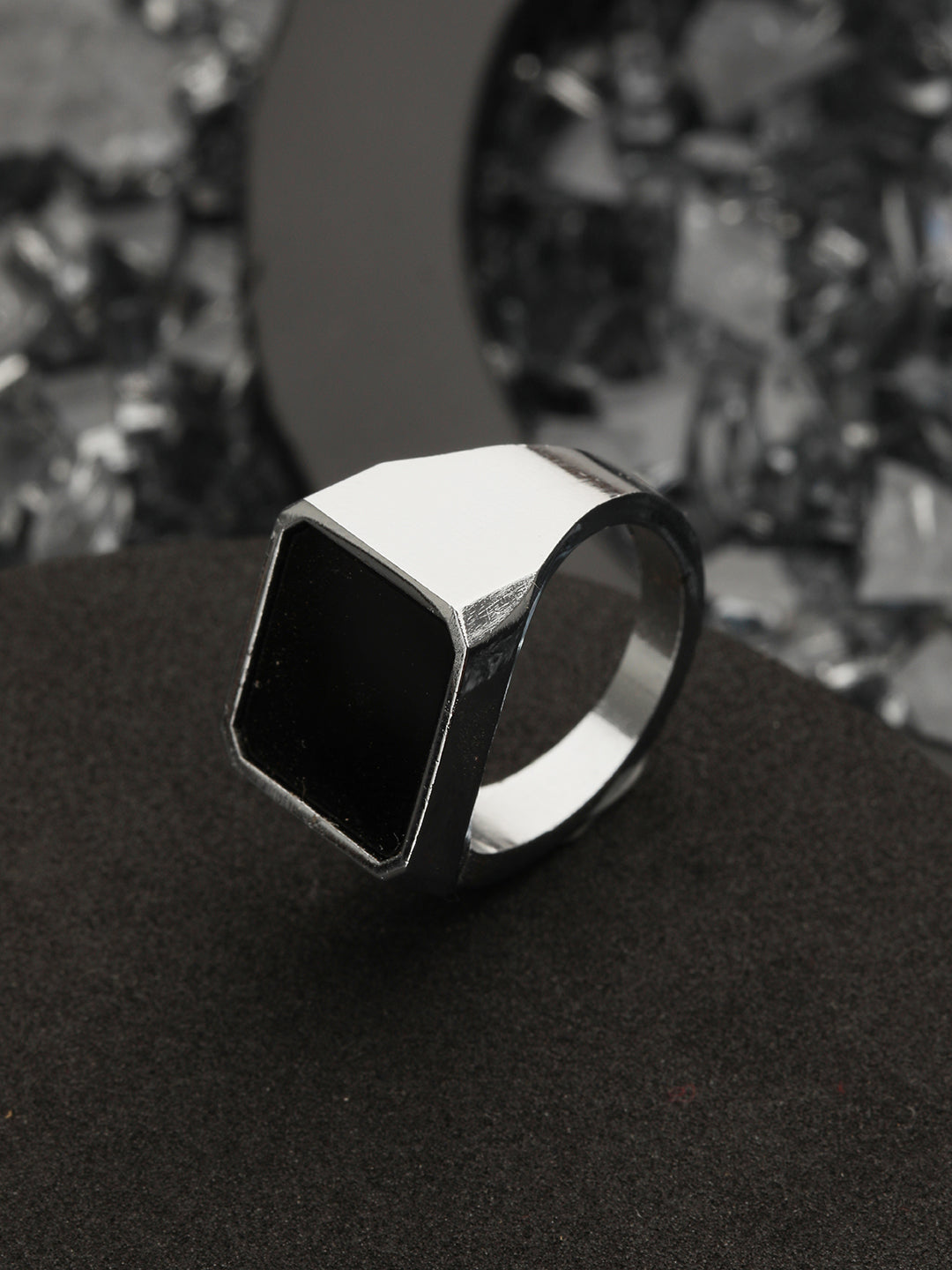 Bold by Priyaasi Black Stone Geometric Silver-Plated Ring for Men