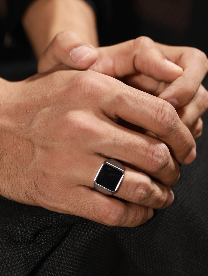 Bold by Priyaasi Black Stone Geometric Silver-Plated Ring for Men