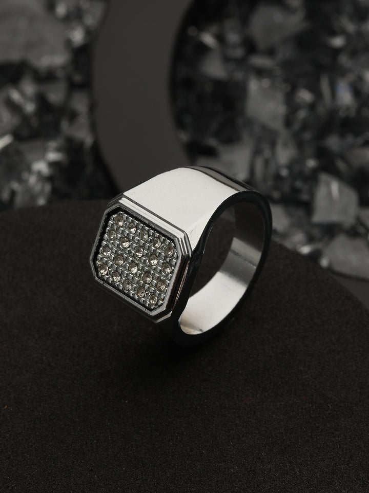Bold by Priyaasi Geometric AD Studded Silver-Plated Ring for Men