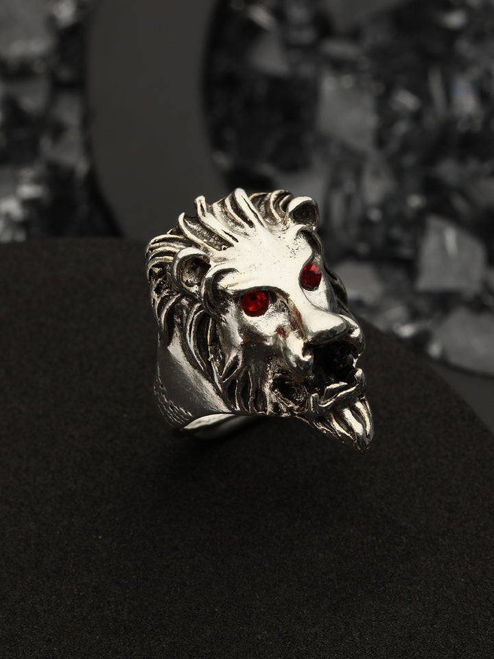 Bold by Priyaasi Red-Eyed Lion Oxidised Silver Ring for Men