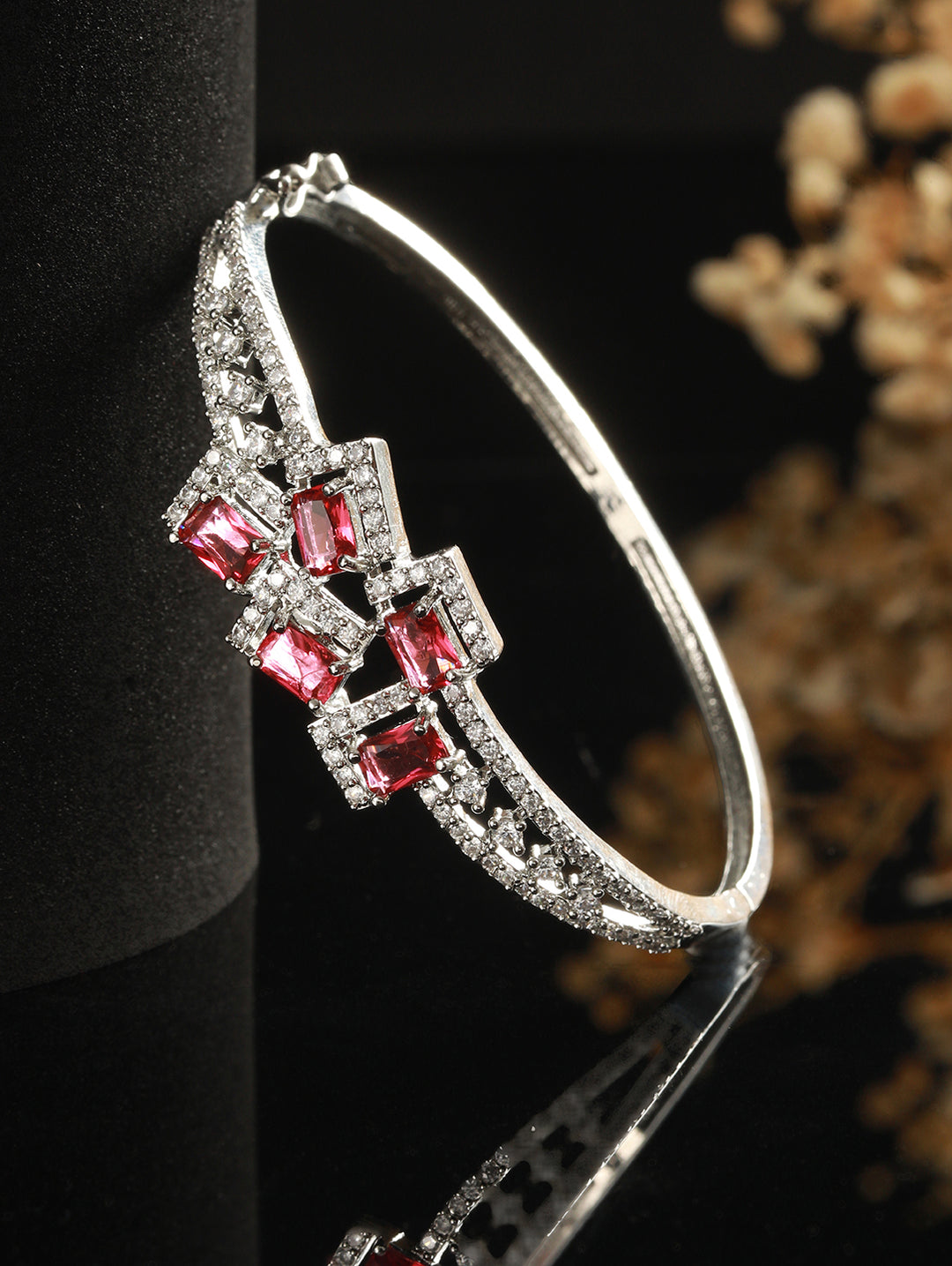 Elegant Pink Block American Diamond Silver-Plated Bracelet
