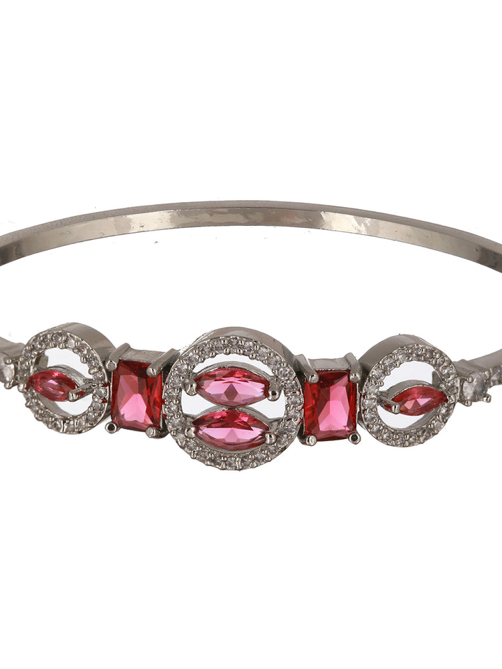 Pink American Diamond Round Block Leaf Silver-Plated Bracelet