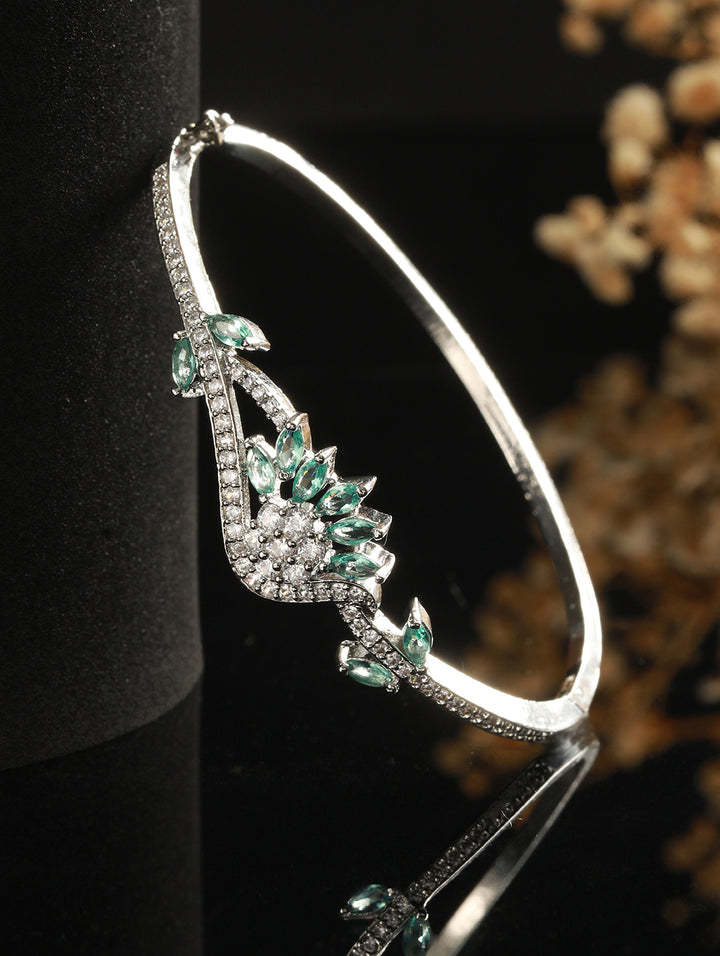Mint Green Floral Leaf American Diamond Silver-Plated Bracelet