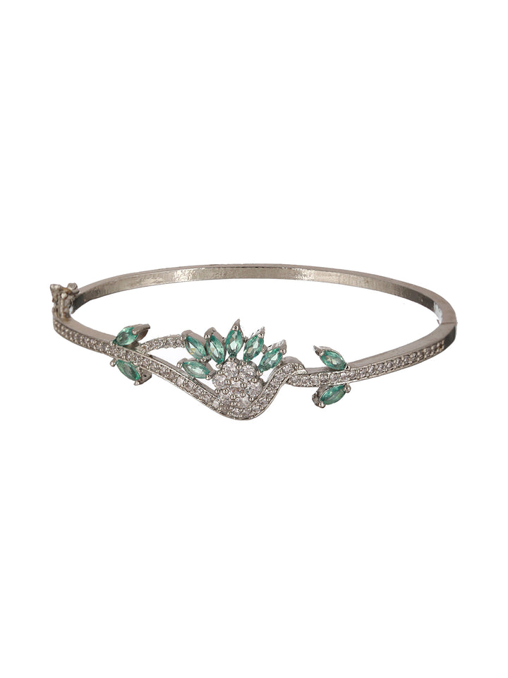 Mint Green Floral Leaf American Diamond Silver-Plated Bracelet
