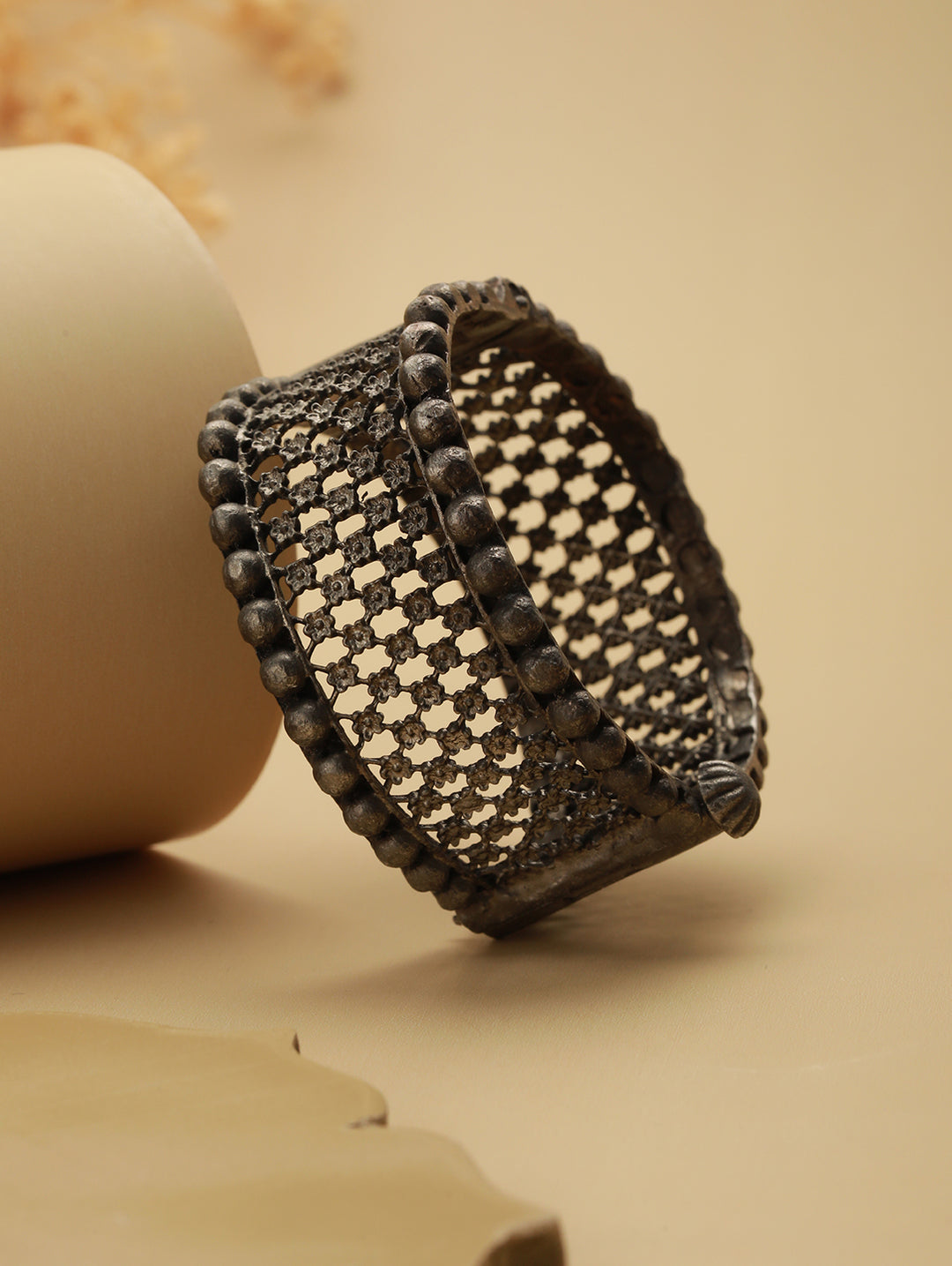 Priyaasi Bold Floral Band Oxidised Silver Bracelet