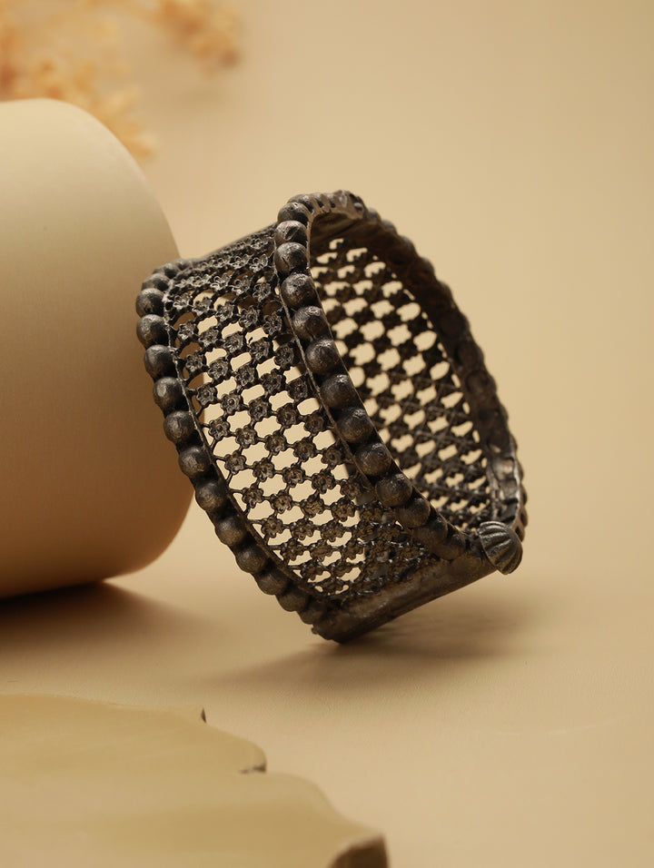 Priyaasi Bold Floral Band Oxidised Silver Bracelet