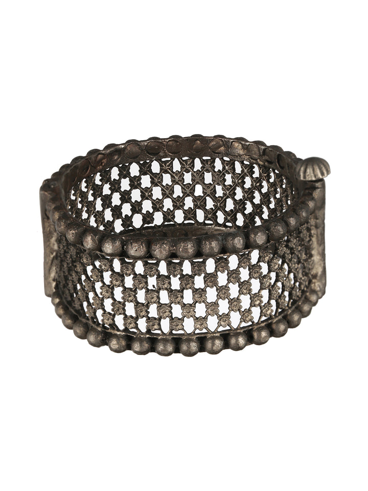 Priyaasi Bold Floral Band Oxidised Silver Bracelet