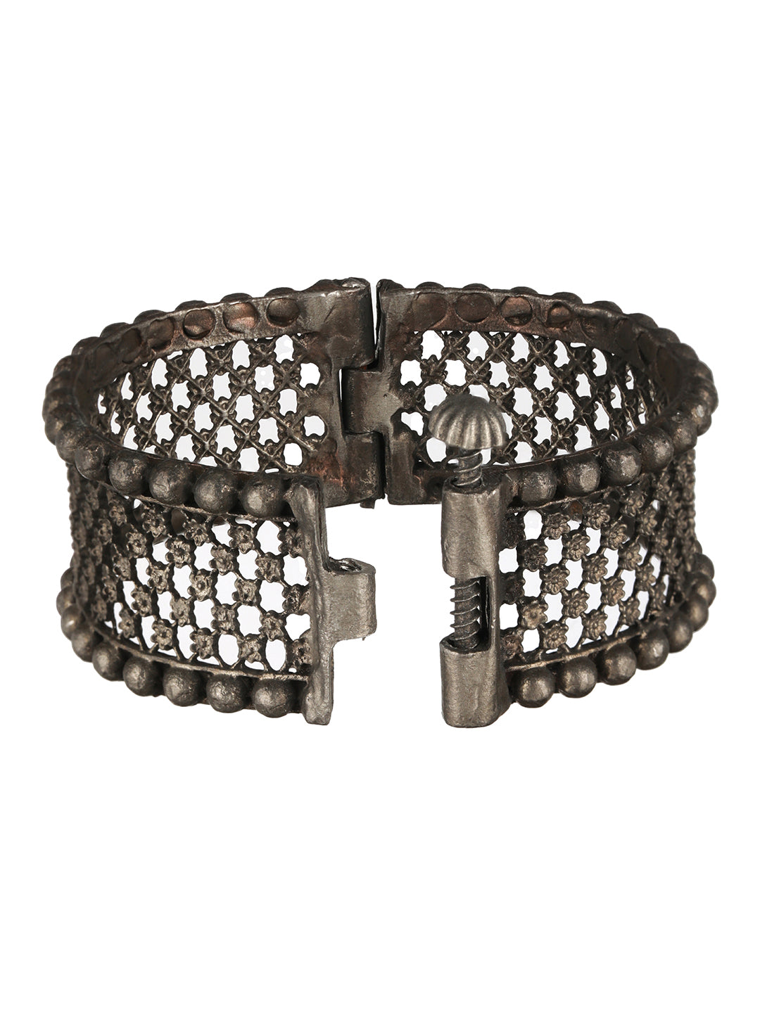 Priyaasi Bold Floral Band Oxidised Silver Bracelet