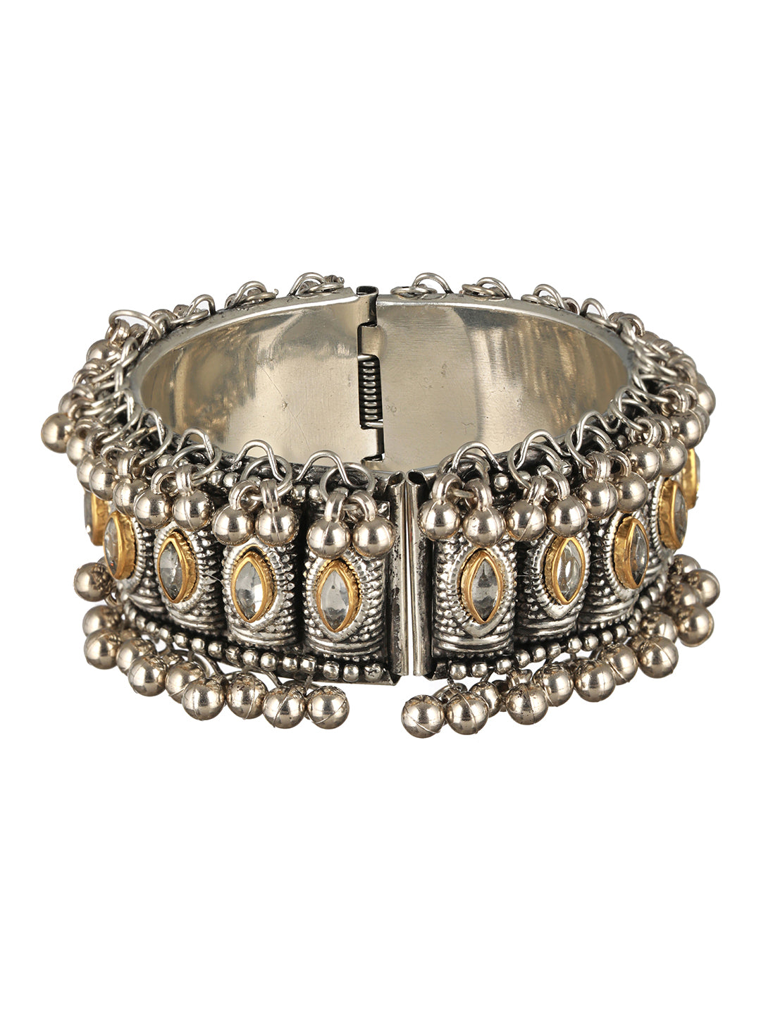 Priyaasi Bold Studded Gold Leaf Oxidised Silver Ghungroo Bracelet