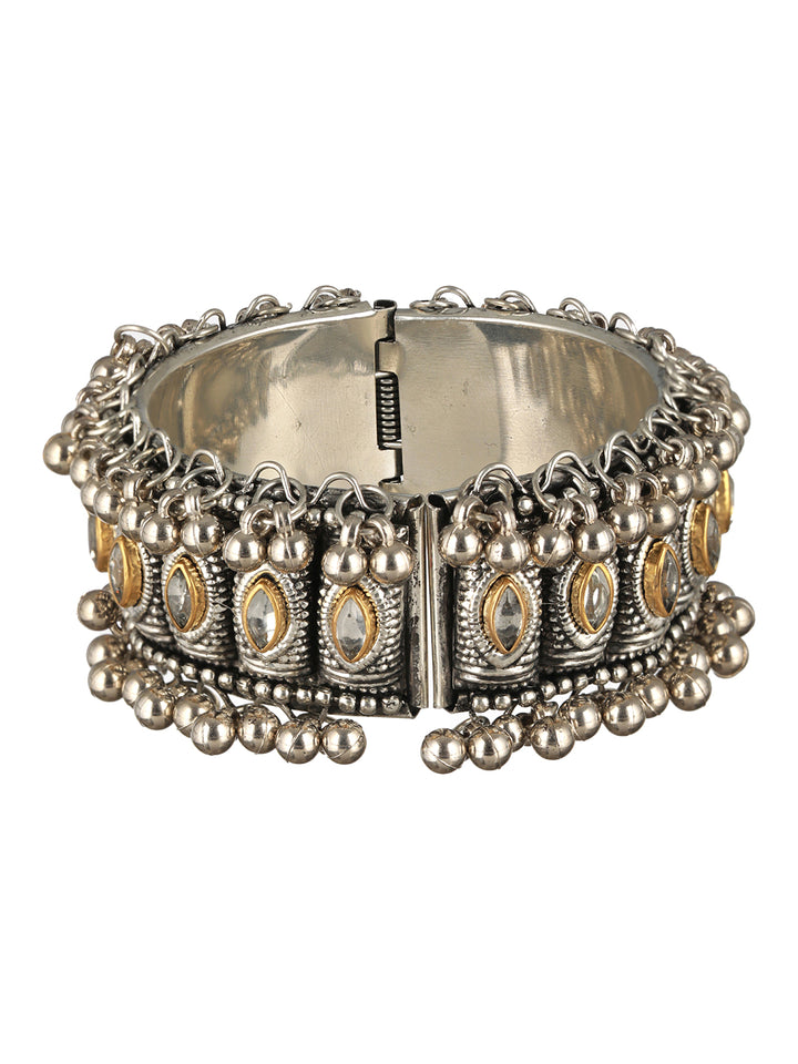 Priyaasi Bold Studded Gold Leaf Oxidised Silver Ghungroo Bracelet