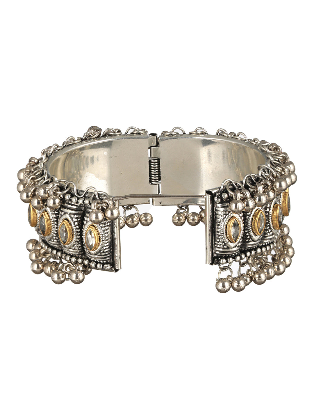 Priyaasi Bold Studded Gold Leaf Oxidised Silver Ghungroo Bracelet