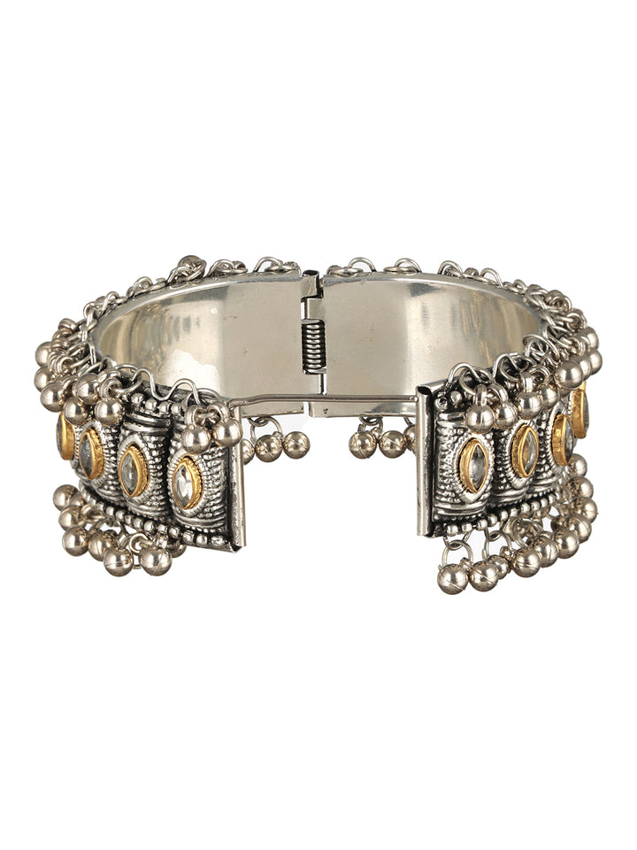 Priyaasi Bold Studded Gold Leaf Oxidised Silver Ghungroo Bracelet