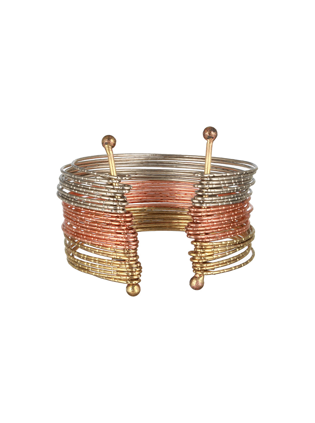 Priyaasi Tri-Toned Multistring Bronze Silver Gold-Plated Cuff Bracelet