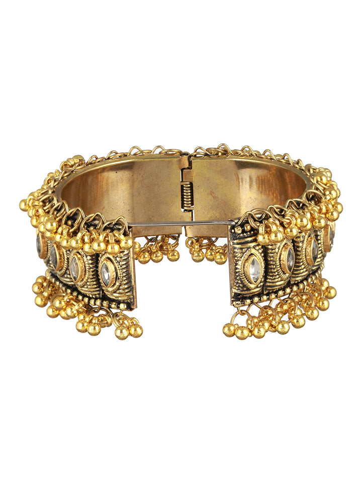 Priyaasi Oxidised Bold Studded Leaf Gold-Plated Ghungroo Bracelet