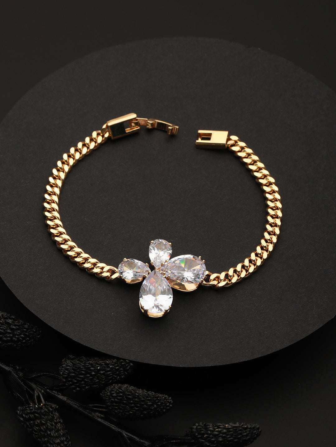 Leaf Flower American Diamond Gold-Plated Link Bracelet