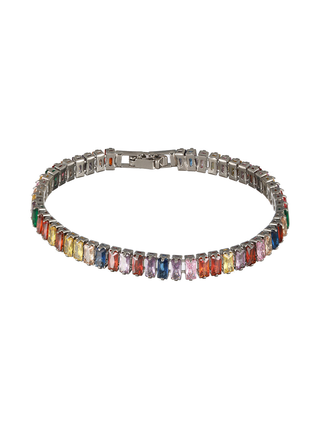 Multicolor Baguette Stone Studded Silver-Plated Bracelet