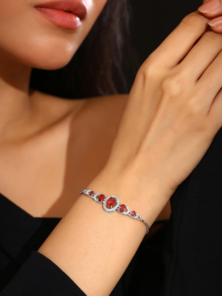 Priyaasi Red Elegant Silver-Plated AD Geometric push back Chain Bracelet