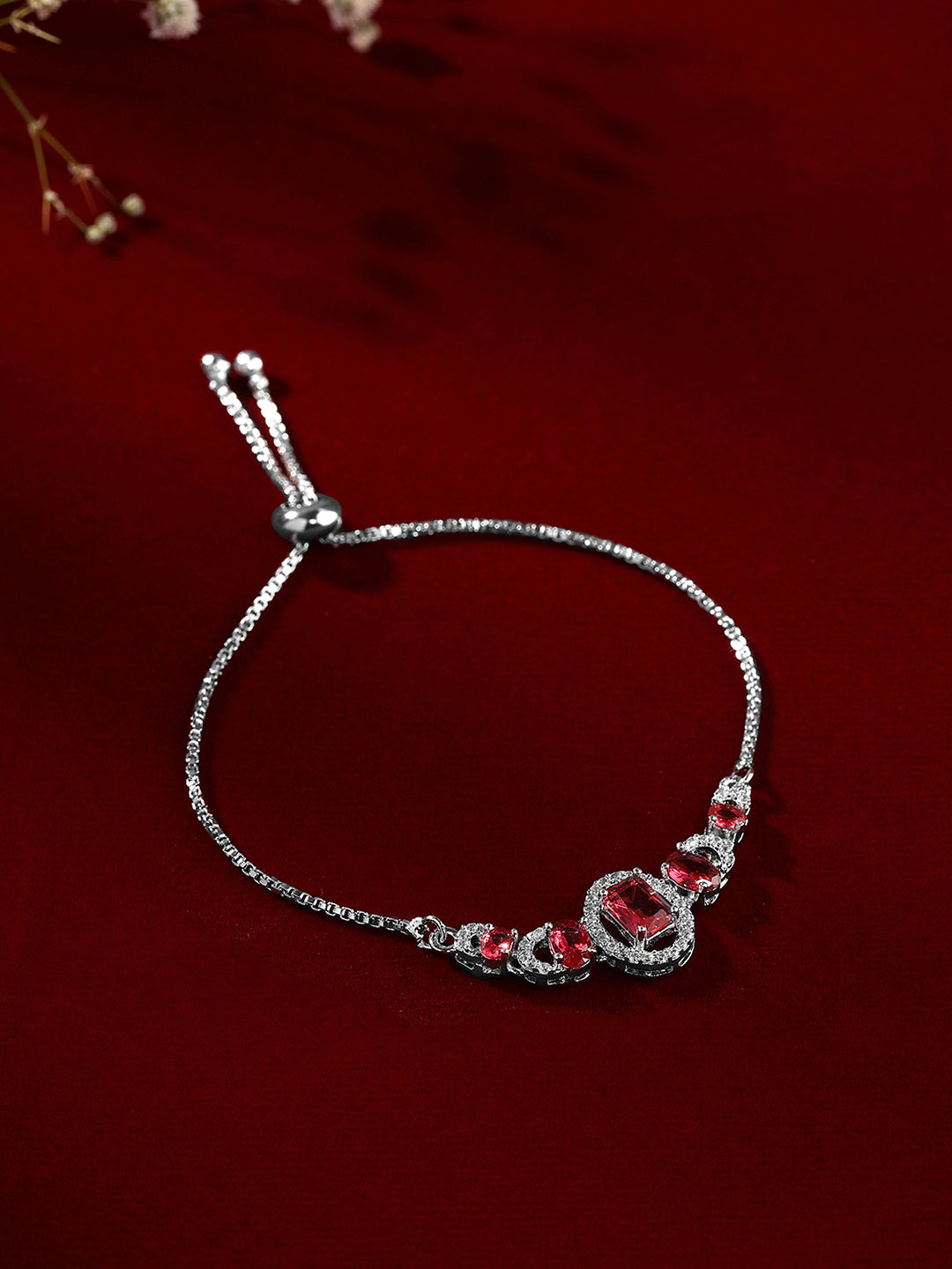 Priyaasi Red Elegant Silver-Plated AD Geometric push back Chain Bracelet