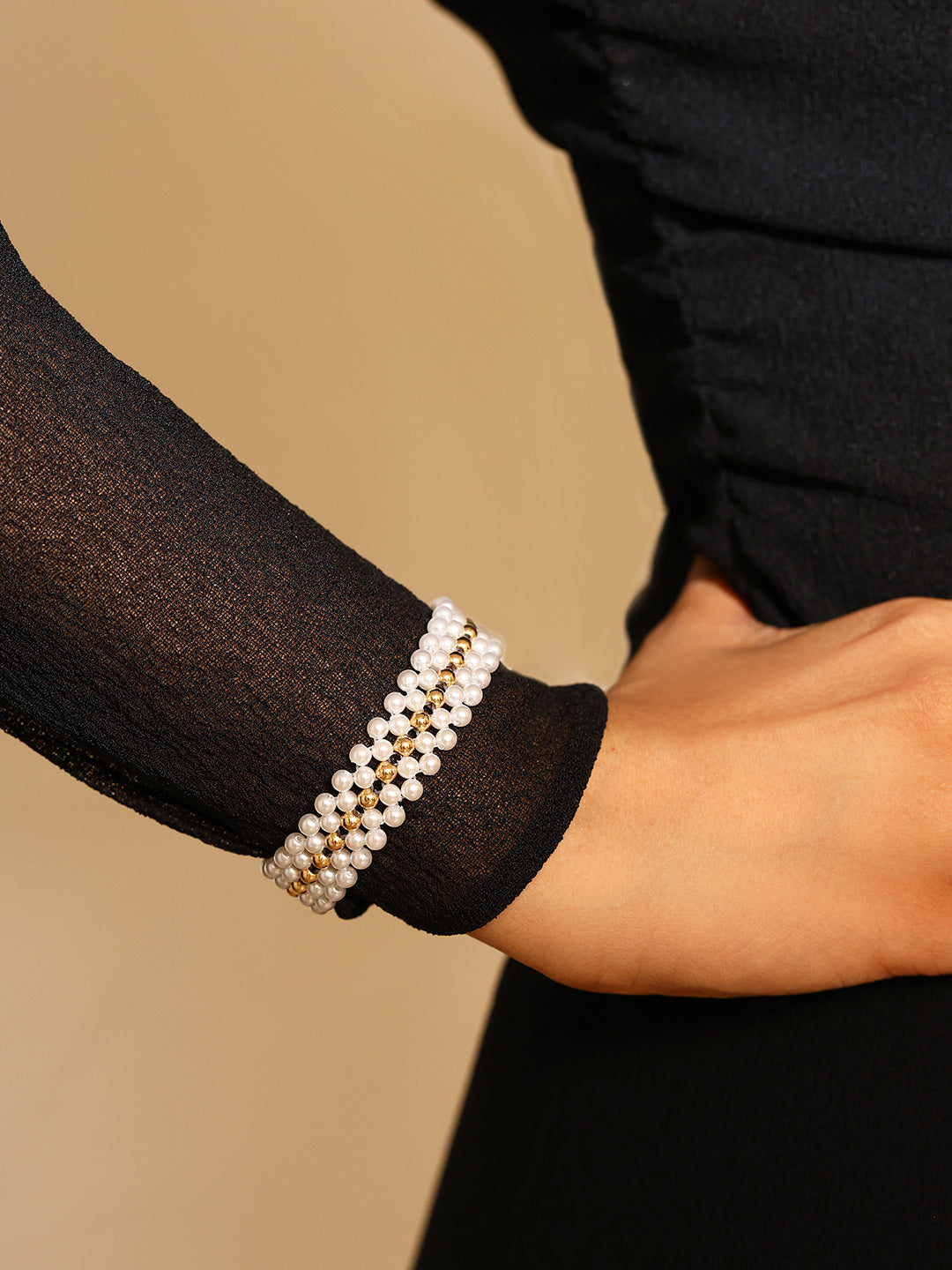 Priyaasi Pearl Gold Mesh Gold Plated Fancy Bracelet