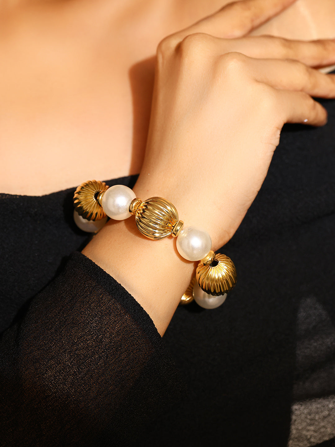 Priyaasi Pearl Bold Statement Sequenced Classy Gold Plated Bracelet