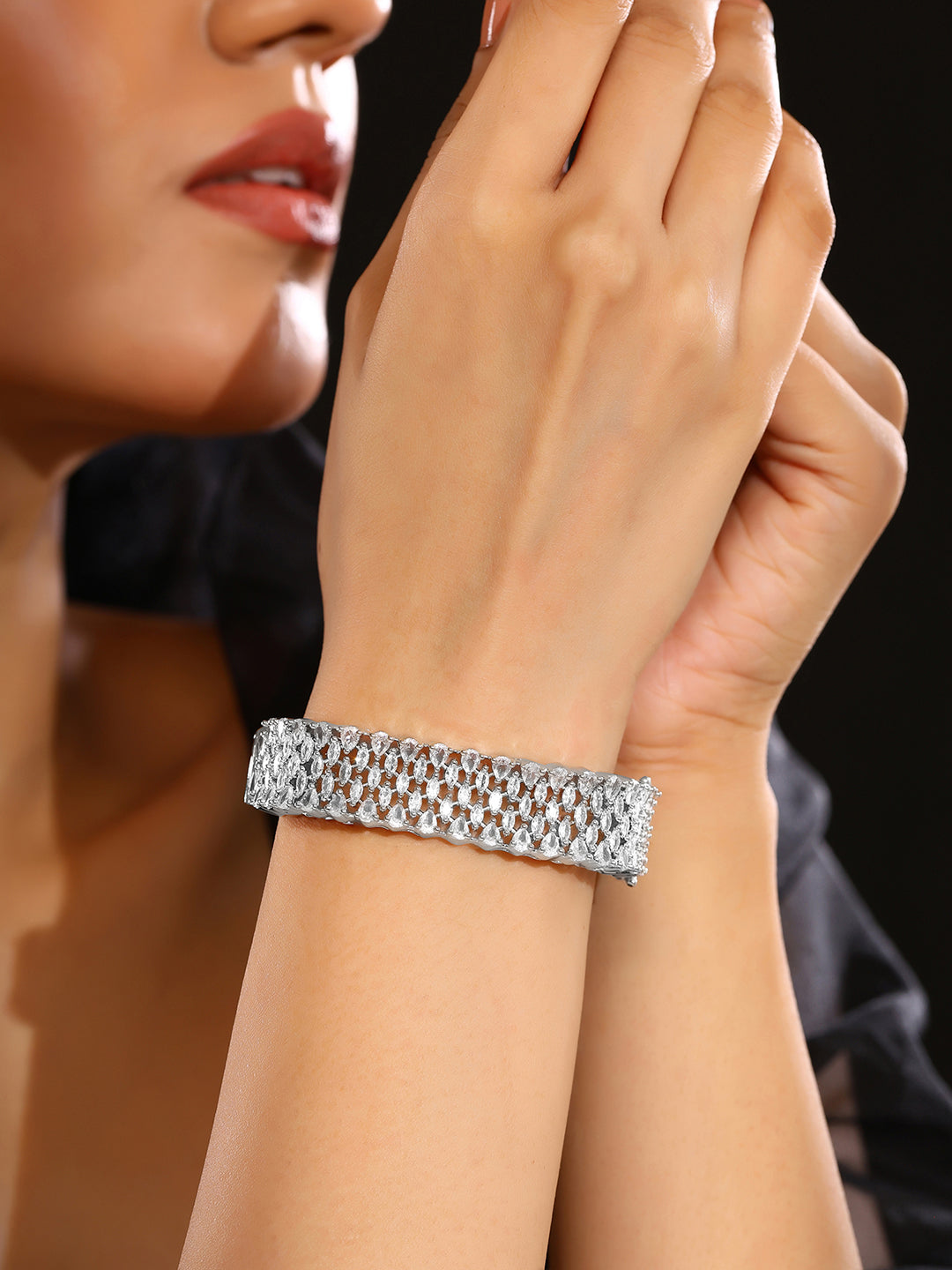 Priyaasi Silver Plating Rhinestone Plain Elegance Kada Bracelet