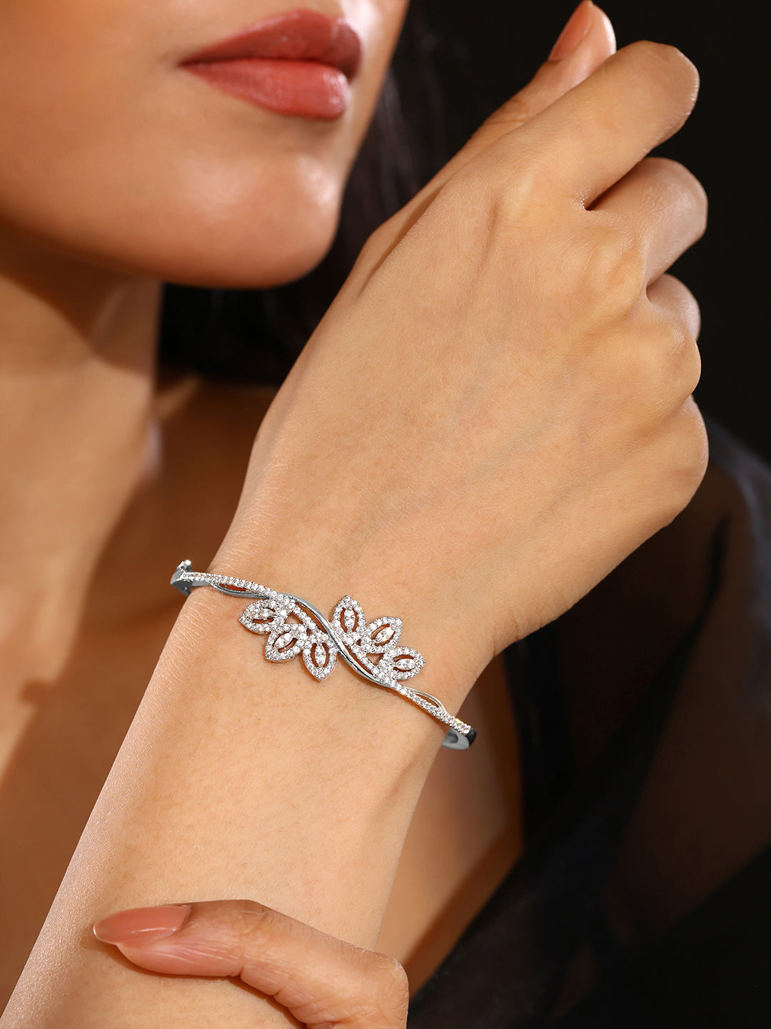 Priyaasi Leaf Pattern AD Silver Plating Fancy Statement Kada Bracelet