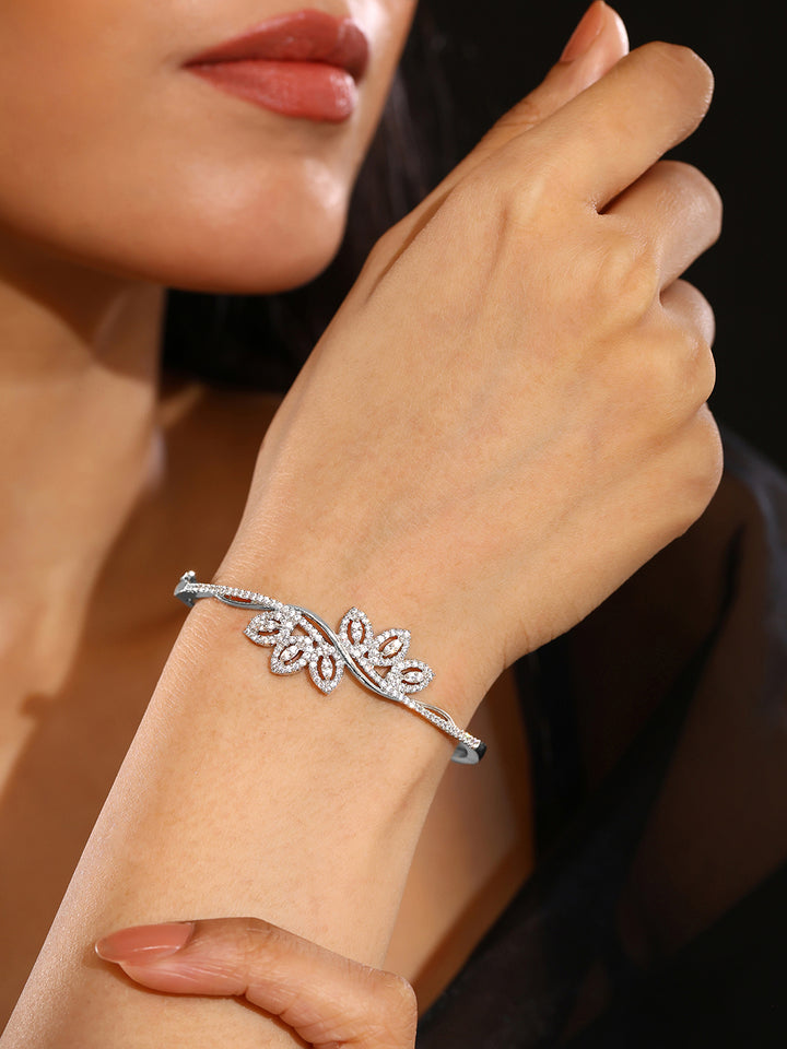 Priyaasi Leaf Pattern AD Silver Plating Fancy Statement Kada Bracelet