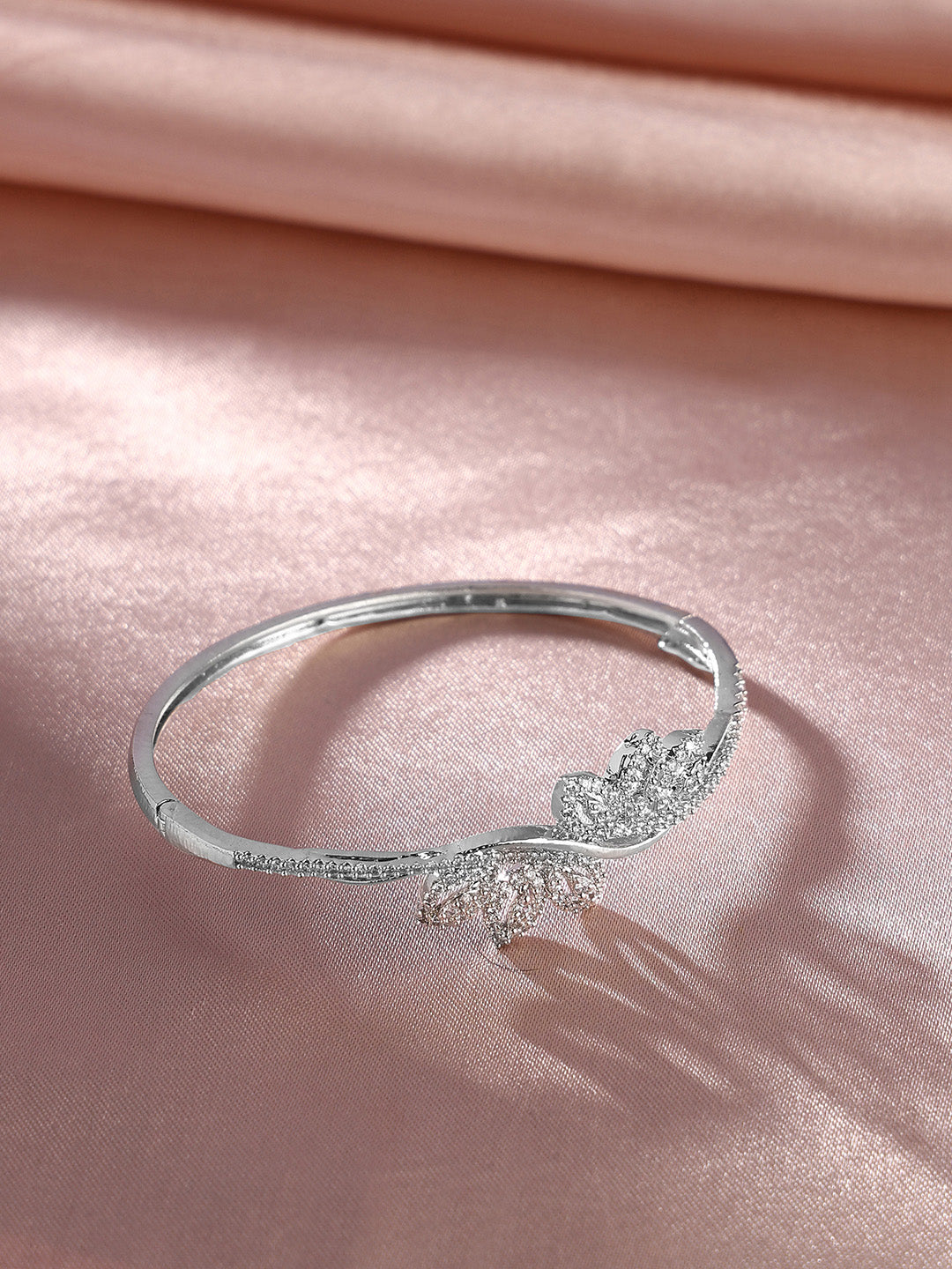 Priyaasi Leaf Pattern AD Silver Plating Fancy Statement Kada Bracelet