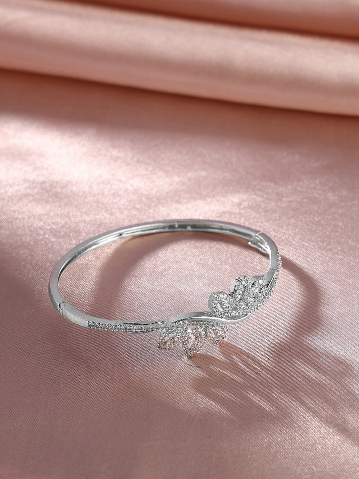 Priyaasi Leaf Pattern AD Silver Plating Fancy Statement Kada Bracelet
