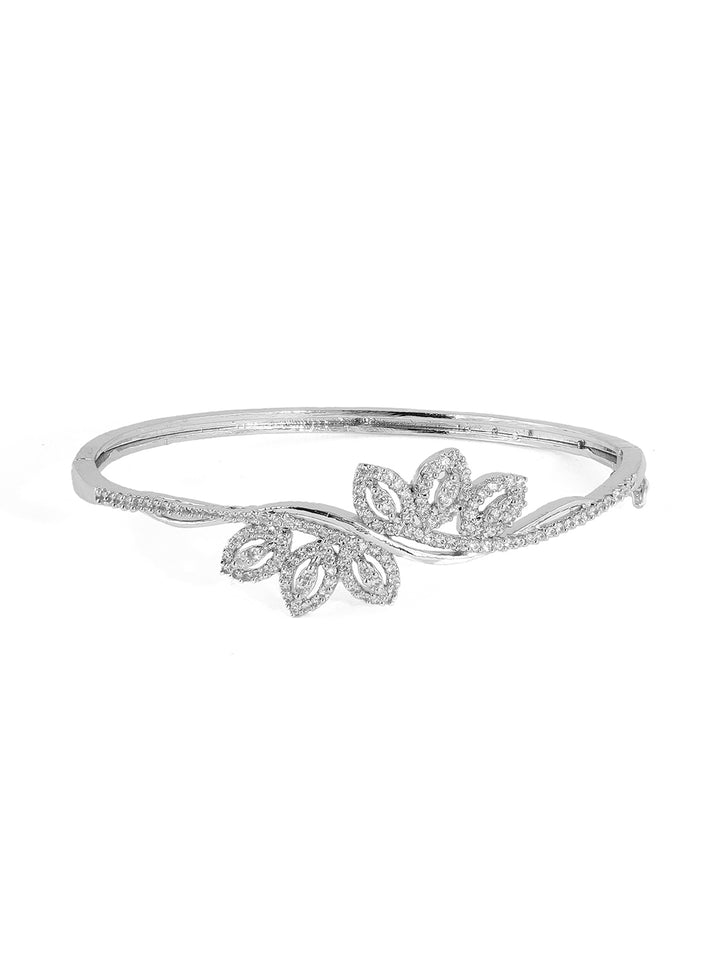 Priyaasi Leaf Pattern AD Silver Plating Fancy Statement Kada Bracelet
