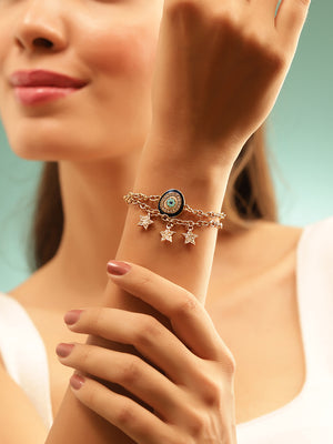 Stars with Evil Eye Two Layered Chain Gold Plated Adjustable Bracelet