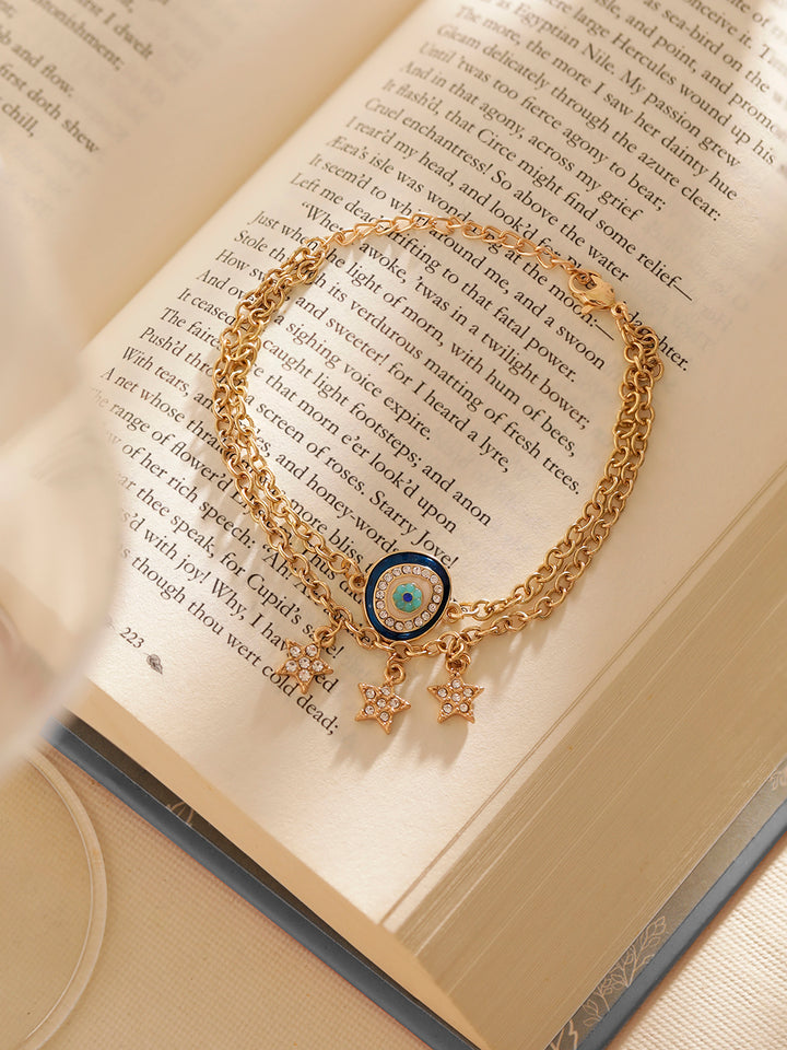Stars with Evil Eye Two Layered Chain Gold Plated Adjustable Bracelet