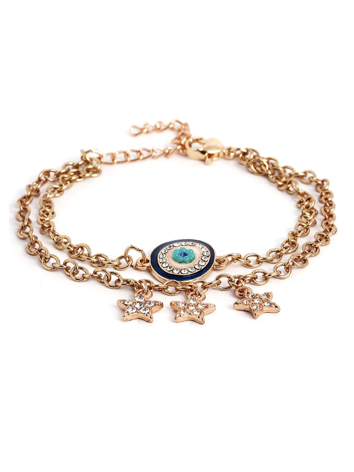 Stars with Evil Eye Two Layered Chain Gold Plated Adjustable Bracelet