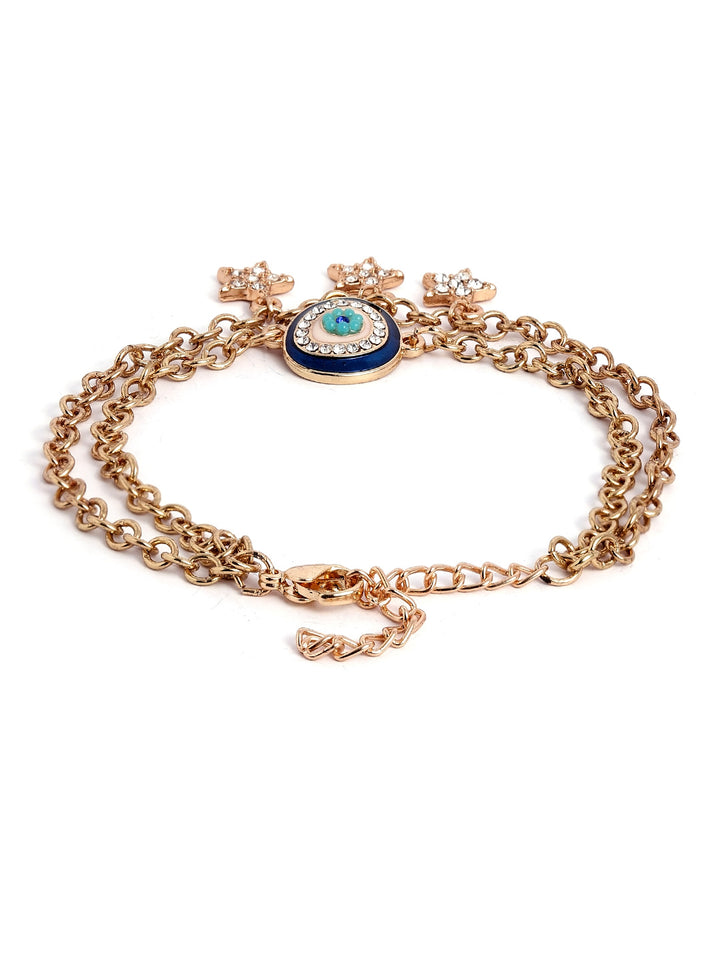 Stars with Evil Eye Two Layered Chain Gold Plated Adjustable Bracelet