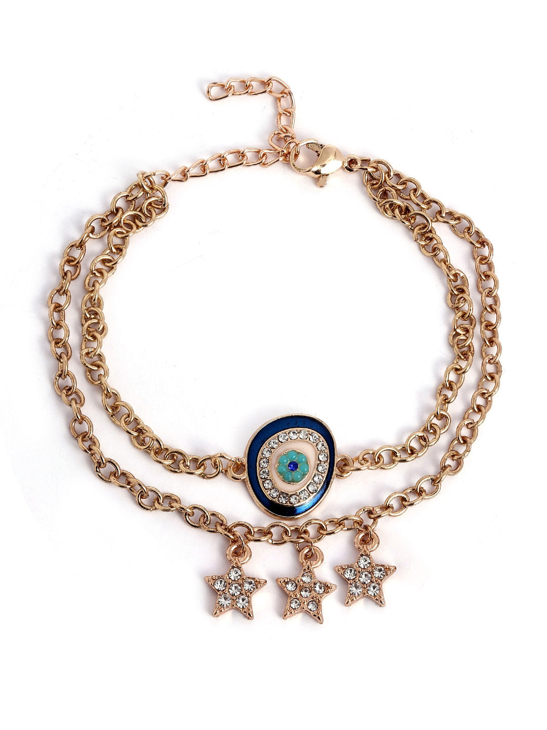 Stars with Evil Eye Two Layered Chain Gold Plated Adjustable Bracelet