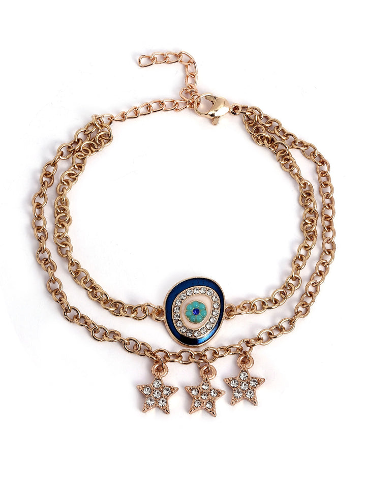 Stars with Evil Eye Two Layered Chain Gold Plated Adjustable Bracelet