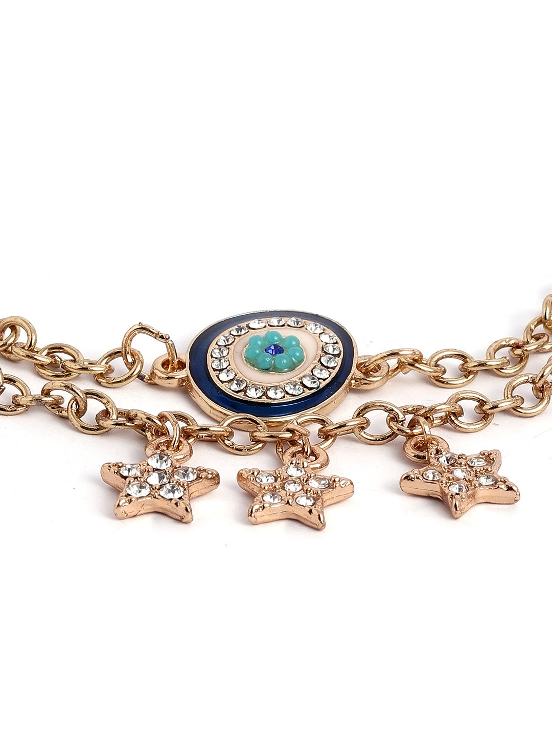 Stars with Evil Eye Two Layered Chain Gold Plated Adjustable Bracelet