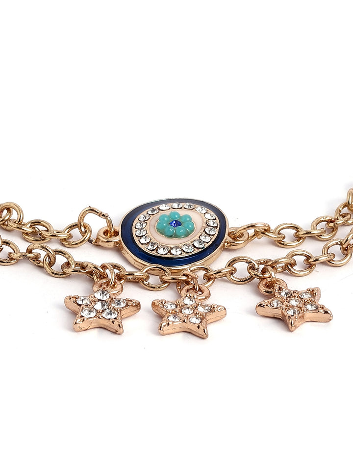 Stars with Evil Eye Two Layered Chain Gold Plated Adjustable Bracelet