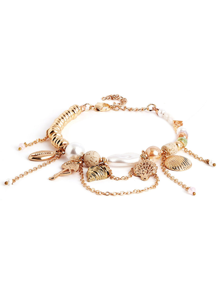 Gold Plated Pearl Chunky Hanging Statement Elegance Adjustable Bracelet
