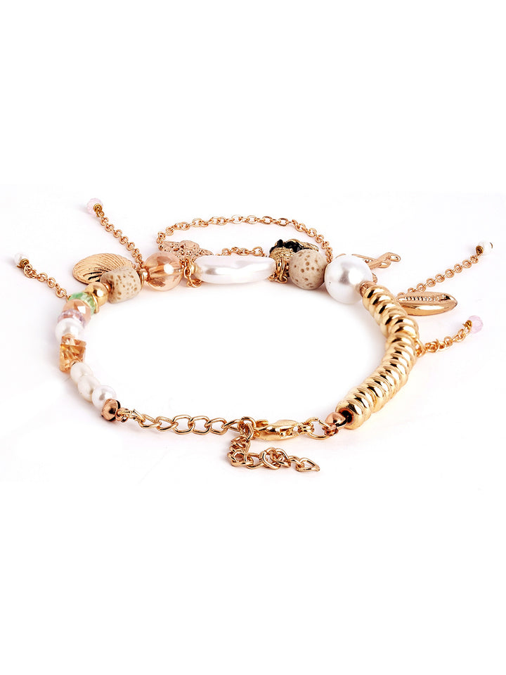 Gold Plated Pearl Chunky Hanging Statement Elegance Adjustable Bracelet