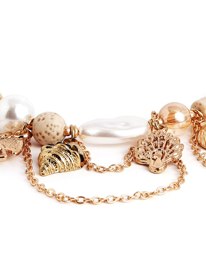 Gold Plated Pearl Chunky Hanging Statement Elegance Adjustable Bracelet