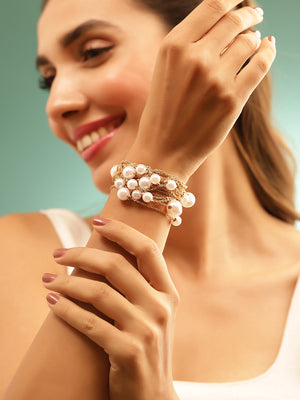 Pearl Beaded Multi Layered Chain Pattern Gold Plated Bracelet