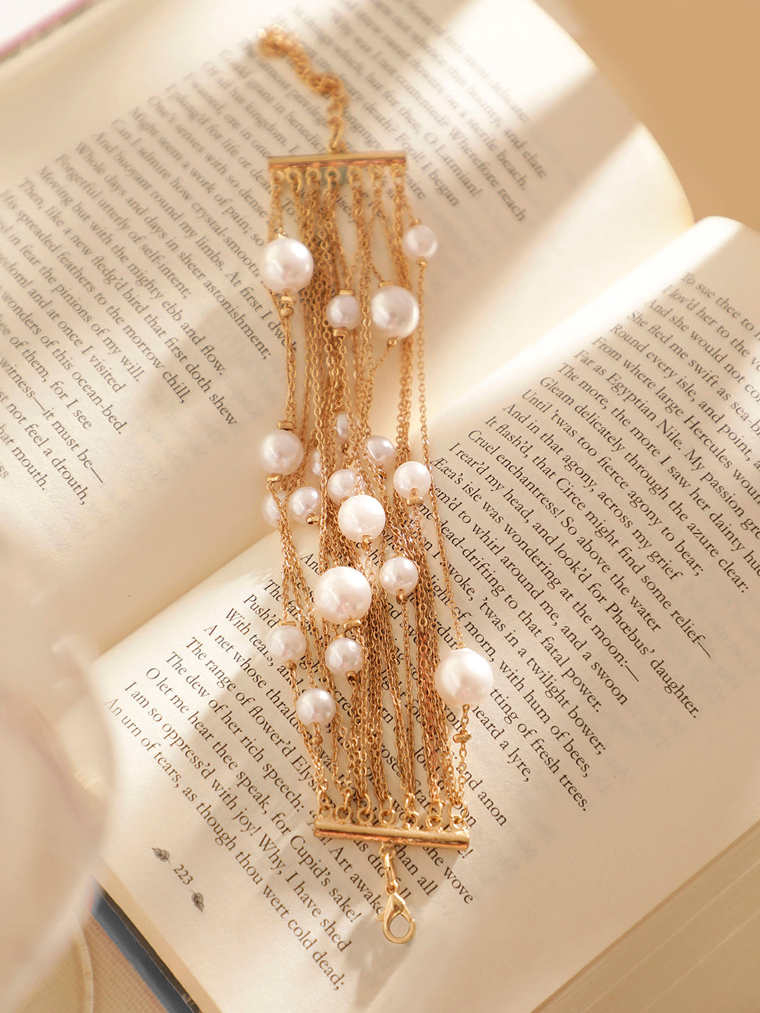 Pearl Beaded Multi Layered Chain Pattern Gold Plated Bracelet