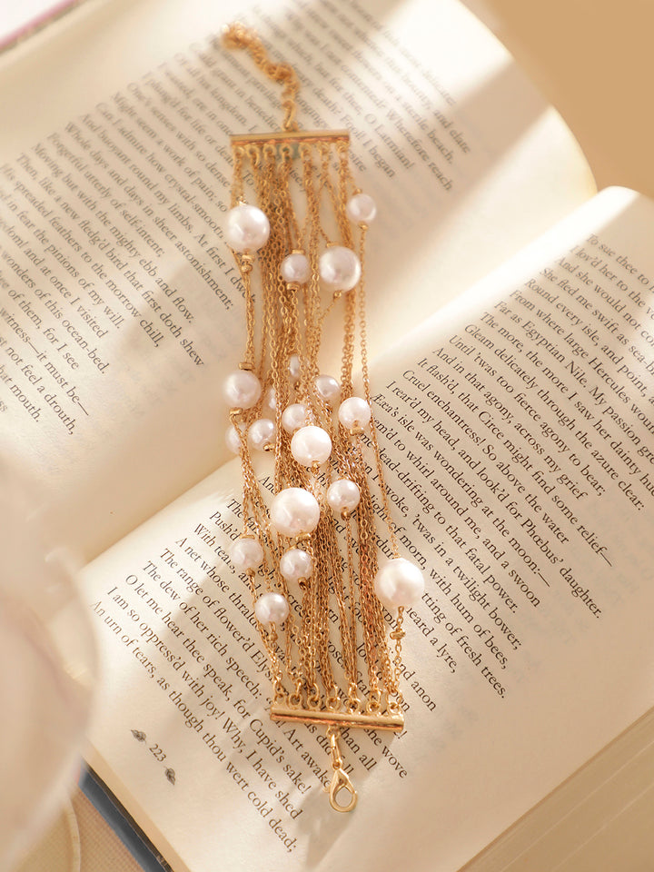 Pearl Beaded Multi Layered Chain Pattern Gold Plated Bracelet