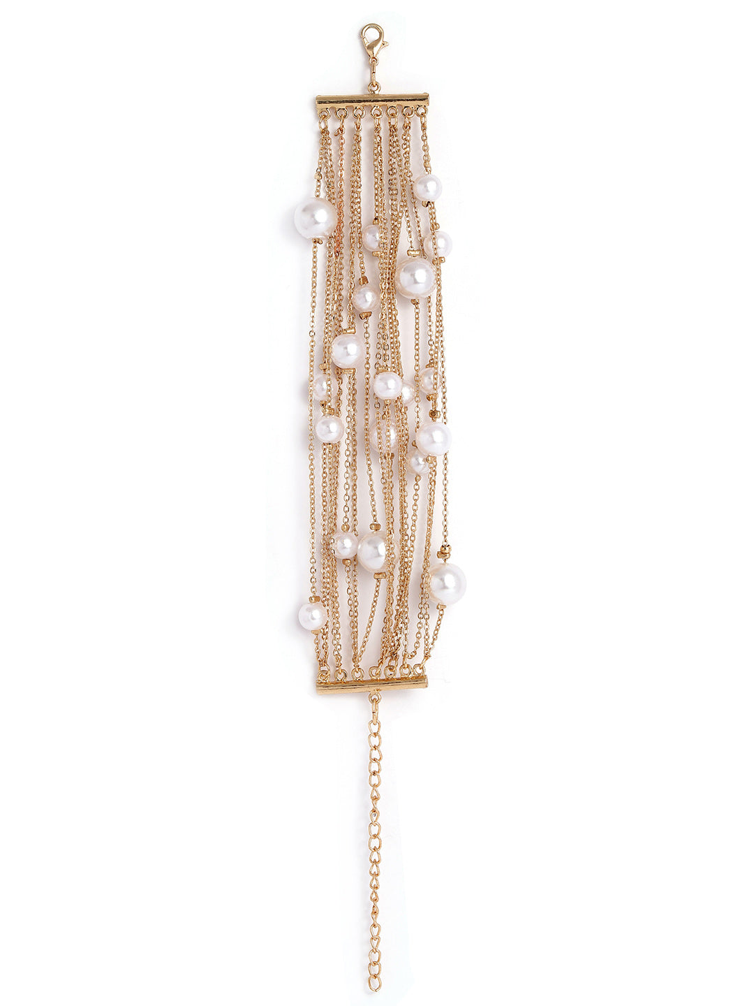 Pearl Beaded Multi Layered Chain Pattern Gold Plated Bracelet