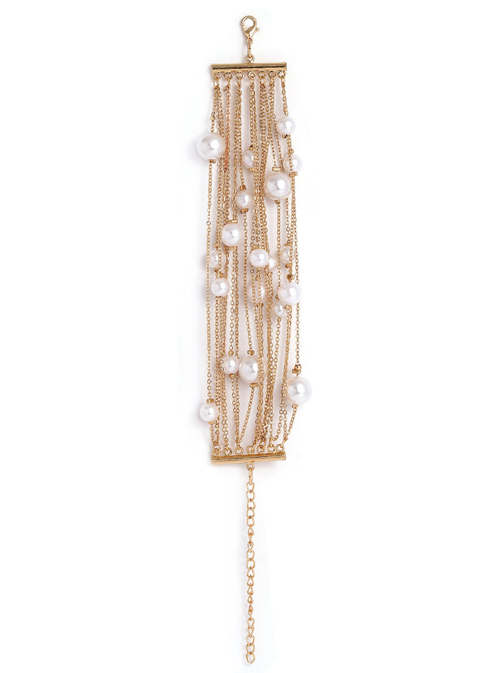Pearl Beaded Multi Layered Chain Pattern Gold Plated Bracelet