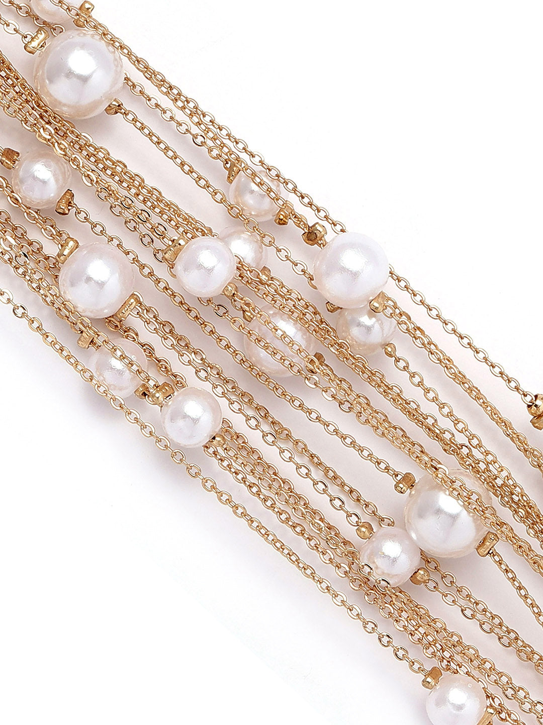 Pearl Beaded Multi Layered Chain Pattern Gold Plated Bracelet